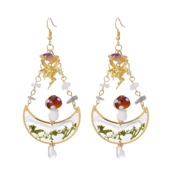 New! Glass And Resin Mushroom Crystal And Fairy 🧚 Teardrop Botanical Earrings - Picture 3 of 6